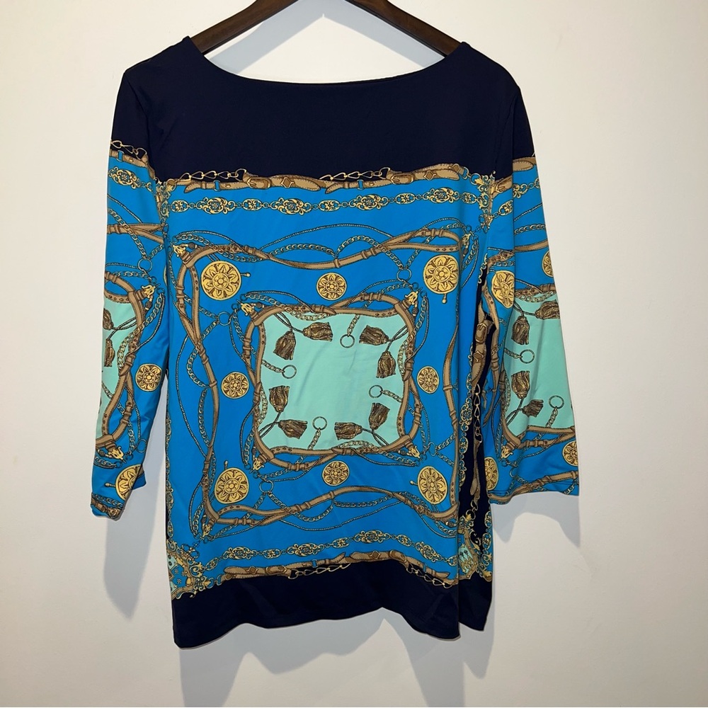 Charter Club Women’s Size XL Boat Neck Top 3/4 Sleeve Gold Treasure Design - Picture 2 of 7